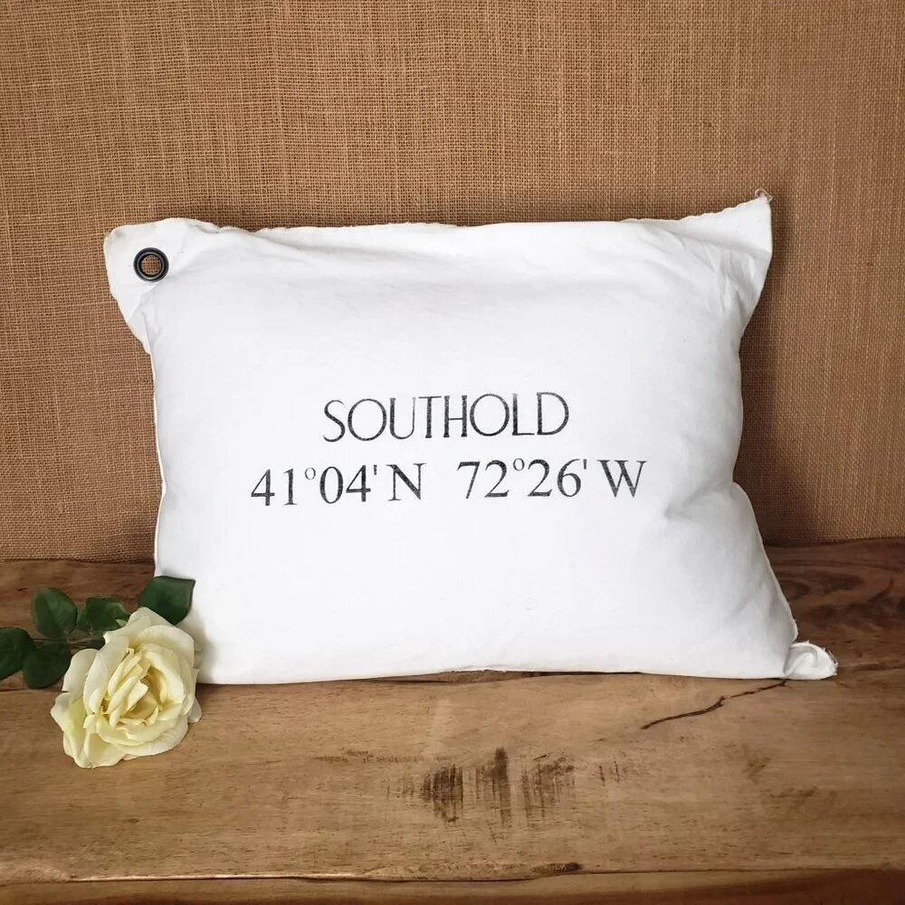 Southold LI Nautical Map Coordinates White Cotton Canvas Down Pillow Beach House
